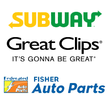 Business logos - Subway, Great Clips, and Fisher Auto Parts